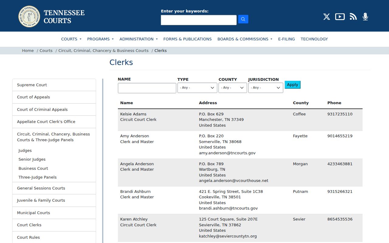Tennessee directory for Carter Circuit Criminal and Chancery clerks