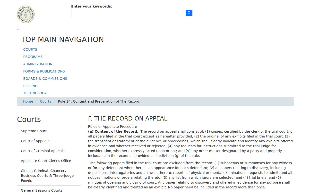 Tennessee appellate Rule 24 record contents
