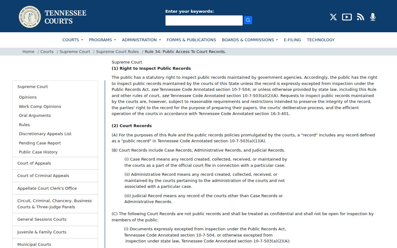 Tennessee Supreme Court Rule 34 public court records